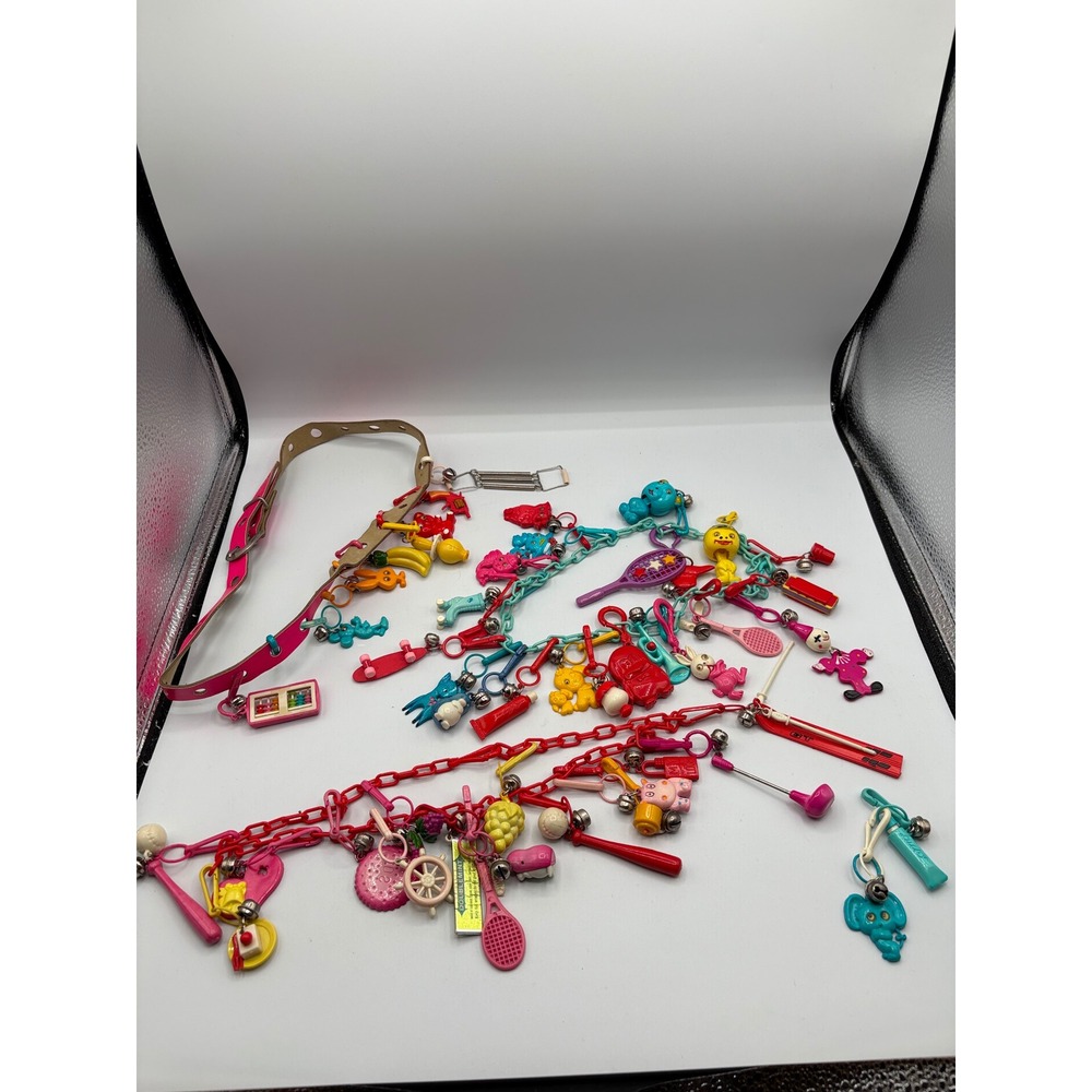Vintage 80s Plastic Bell Charm Necklace Belt Lot Neon Novelty Retro Kitsch 1980s